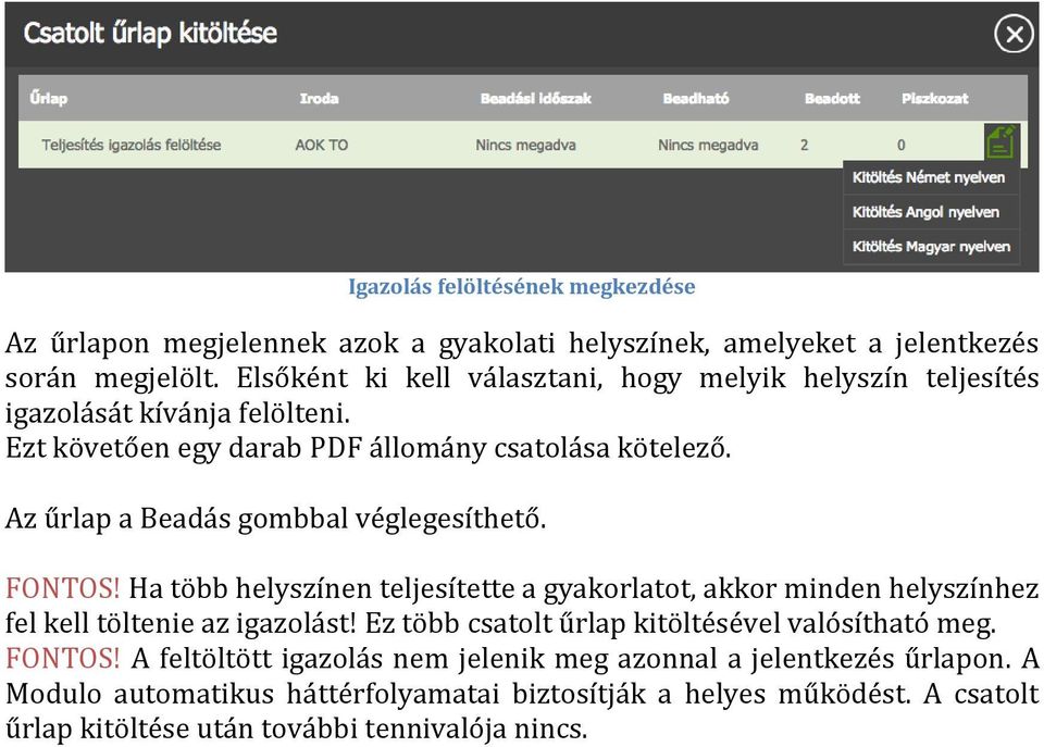 Az űrlap a Beadás gombbal véglegesíthető. FONTOS! Ha több helyszínen teljesítette a gyakorlatot, akkor minden helyszínhez fel kell töltenie az igazolást!