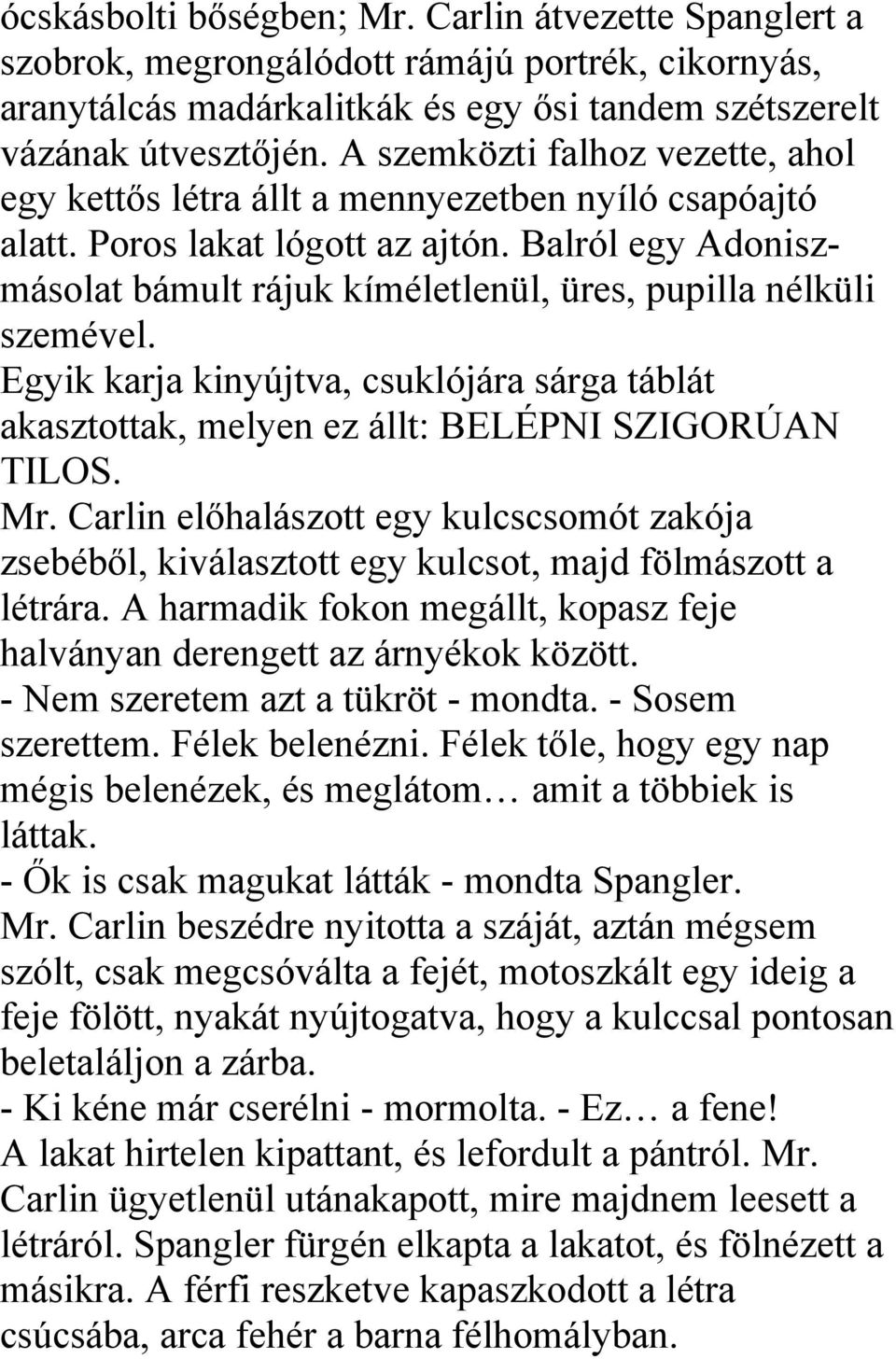 Balról egy Adoniszmásolat bámult rájuk kíméletlenül, üres, pupilla nélküli szemével. Egyik karja kinyújtva, csuklójára sárga táblát akasztottak, melyen ez állt: BELÉPNI SZIGORÚAN TILOS. Mr.