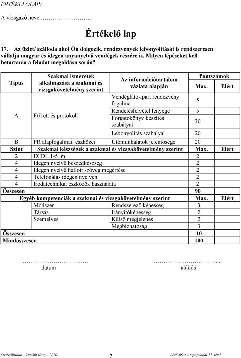 Típus A Szakmai ismeretek alkalmazása a szakmai és vizsgakövetelmény szerint Etikett és protokoll Az információtartalom vázlata alapján Pontszámok Max.