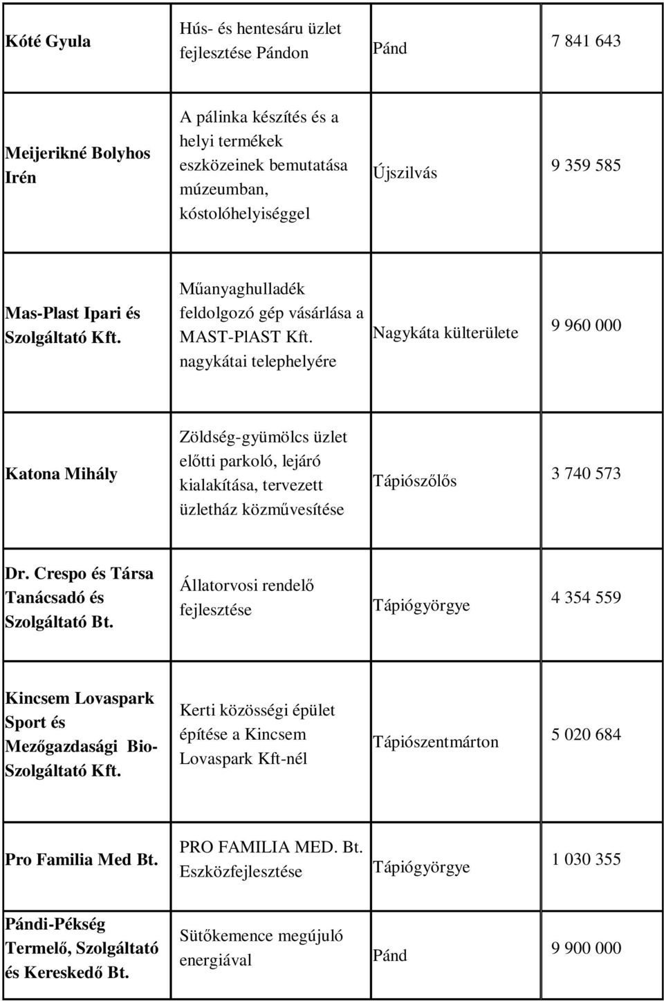 nagykátai telepére Nagykáta külterülete 9 960 000 Katona Mihály Zöldség-gyümölcs üzlet el tti parkoló, lejáró kialakítása, tervezett üzletház közm vesítése Tápiósz s 3 740 573 Dr.