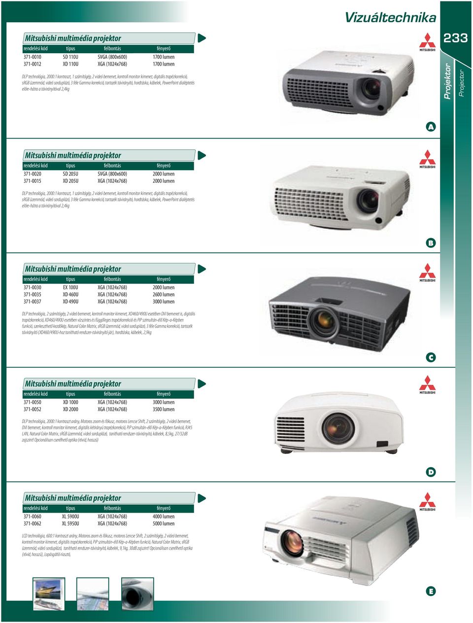 távirányítóval,4kg 33 Projektor Projector Mitsubishi multimédia projektor rendelési kód típus felbontás fényerő 37-000 37-005 S 05U X 05U SVG (800x600) XG (04x768) 000 lumen 000 lumen LP technológia,