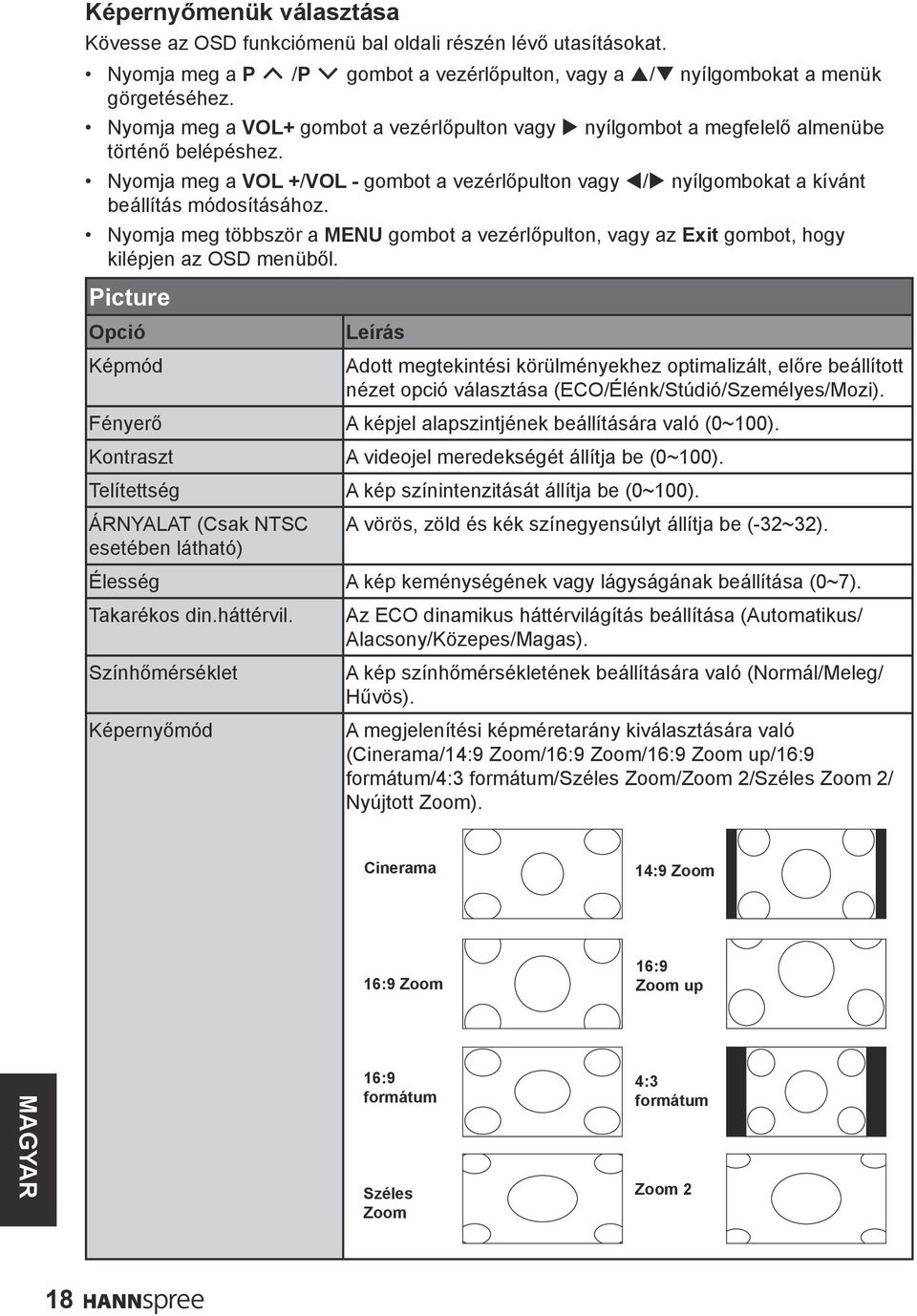 Nyomja meg a VOL +/VOL - gombot a vezérlőpulton vagy t/u nyílgombokat a kívánt beállítás módosításához.