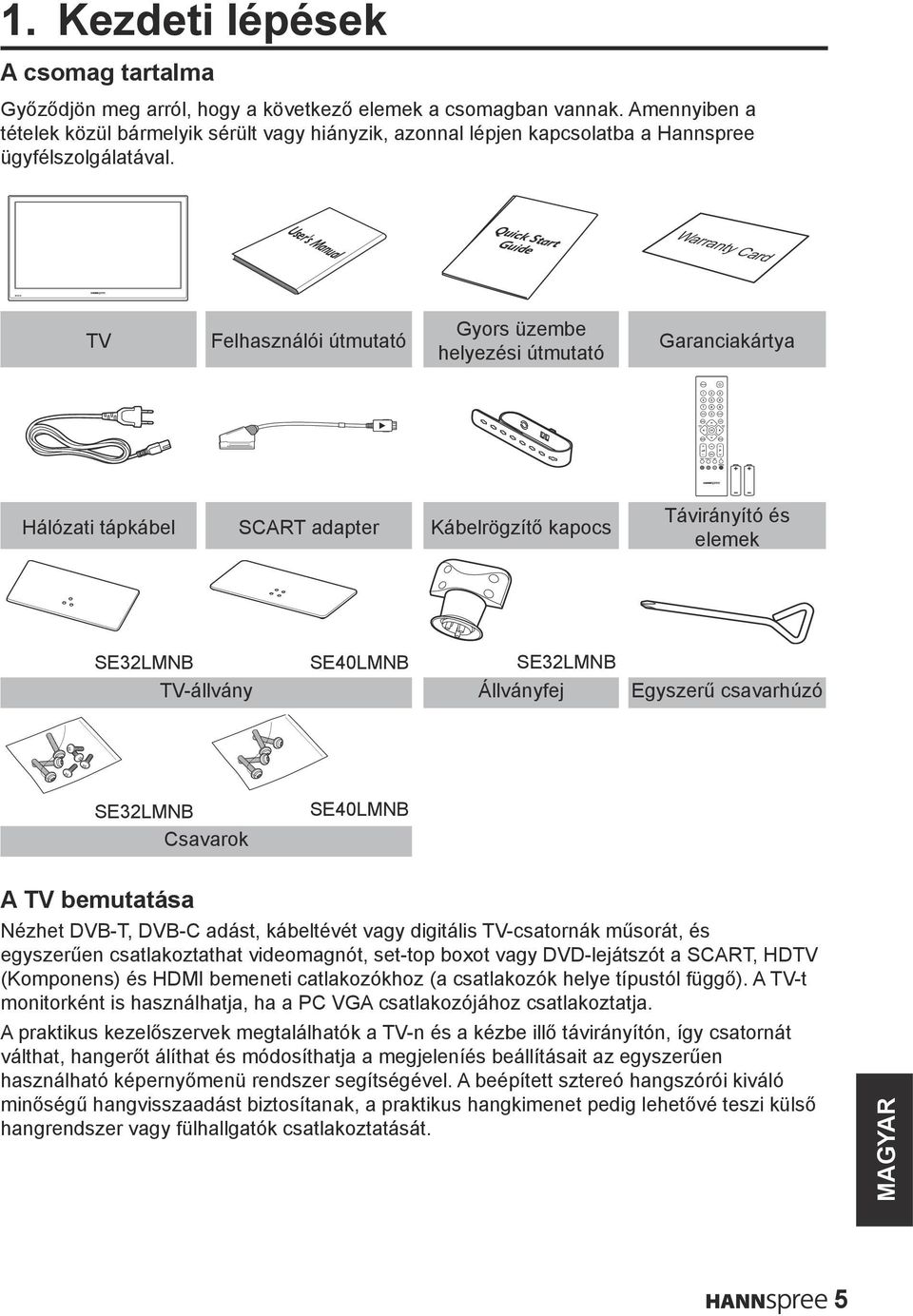 User's Manual Quick Start Guide Warranty Card TV Felhasználói útmutató Gyors üzembe helyezési útmutató Garanciakártya Hálózati tápkábel SCART adapter Kábelrögzítő kapocs Távirányító és elemek