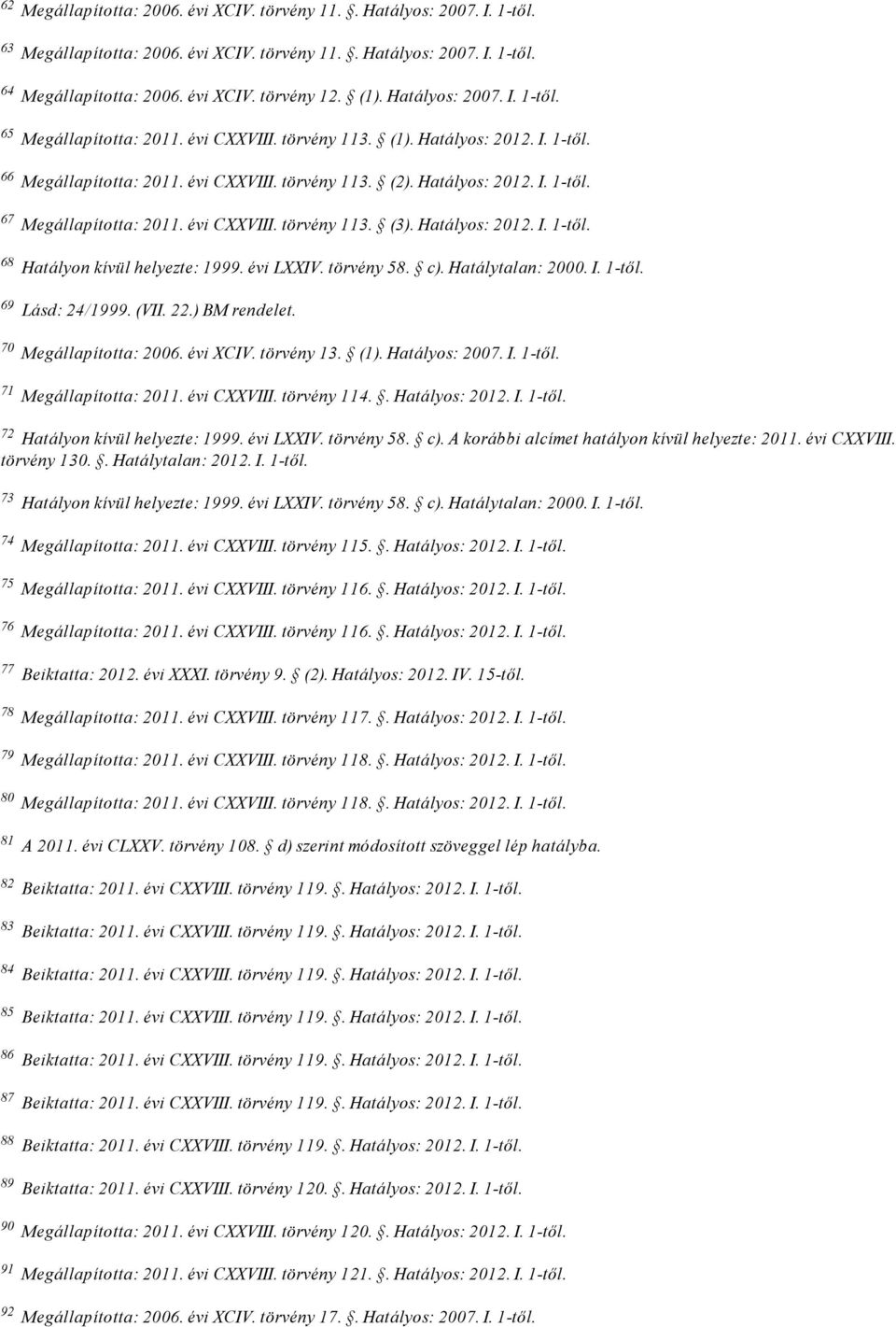 Hatályos: 2012. I. 1 től. Hatályon kívül helyezte: 1999. évi LXXIV. törvény 58. c). Hatálytalan: 2000. I. 1 től. Lásd: 24/1999. (VII. 22.) BM rendelet. Megállapította: 2006. évi XCIV. törvény 13. (1).