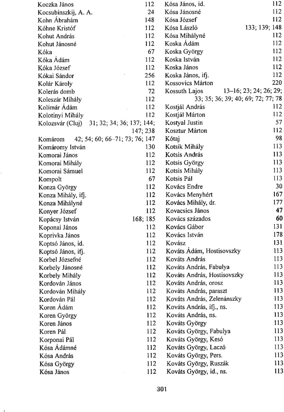 Ádám 112 Koska István 112 Kóka József 112 Koska János 112 Kókai Sándor 256 Koska János, ifj.