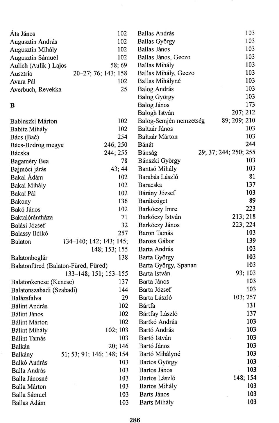 Márton 102 Balog-Semjén nemzetség 89; 209; 210 Babitz Mihály 102 Baltzár János 103 Bács (Bac) 254 Baltzár Márton 103 Bács-Bodrog megye 246;250 Bánát 244 Bácska 244;255 Bánság 29; 37; 244; 250; 255