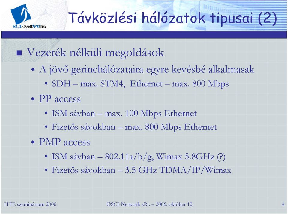 800 Mbps PP access ISM sávban max. 100 Mbps Fizetős sávokban max.