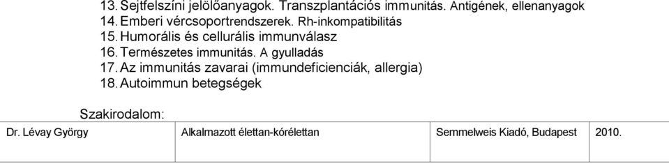 Természetes immunitás. A gyulladás 17. Az immunitás zavarai (immundeficienciák, allergia) 18.