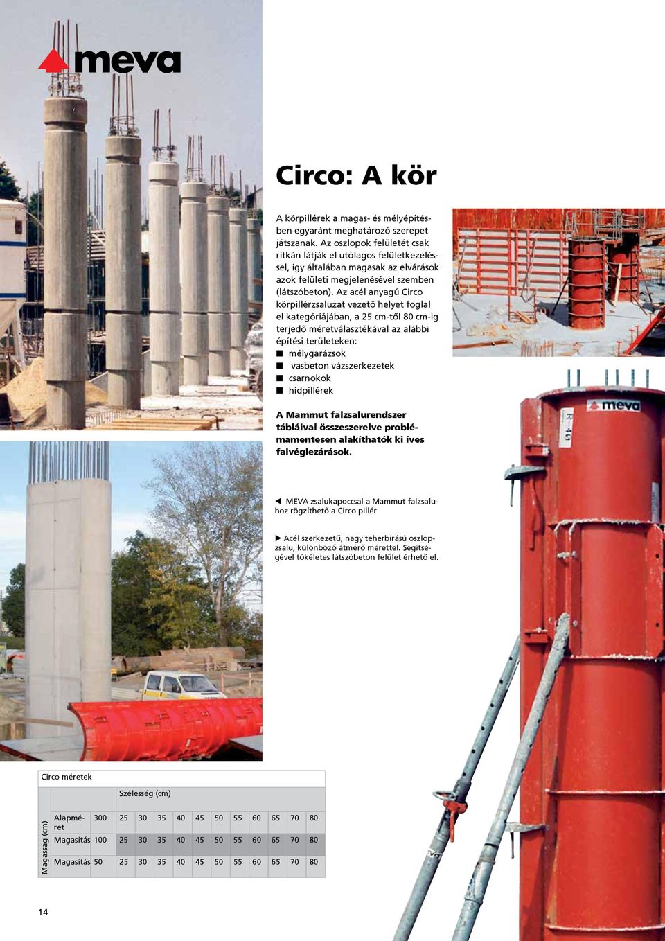 Az acél anyagú Circo körpillérzsaluzat vezető helyet foglal el kategóriájában, a 25 cm-től 80 cm-ig terjedő méretválasztékával az alábbi építési területeken: mélygarázsok vasbeton vázszerkezetek