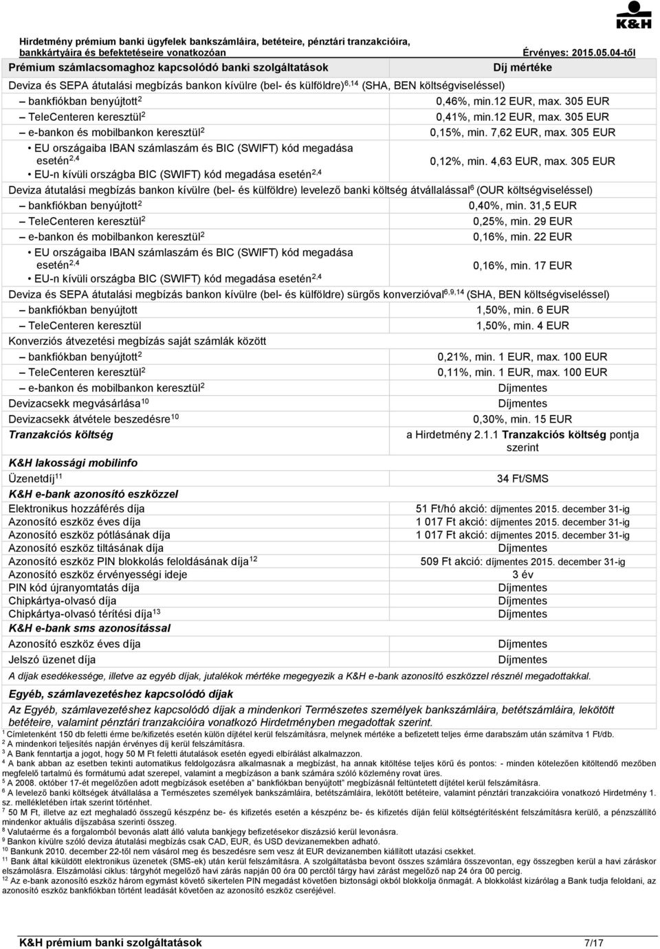305 EUR EU országaiba IBAN számlaszám és BIC (SWIFT) kód megadása esetén 2,4 0,12%, min. 4,63 EUR, max.