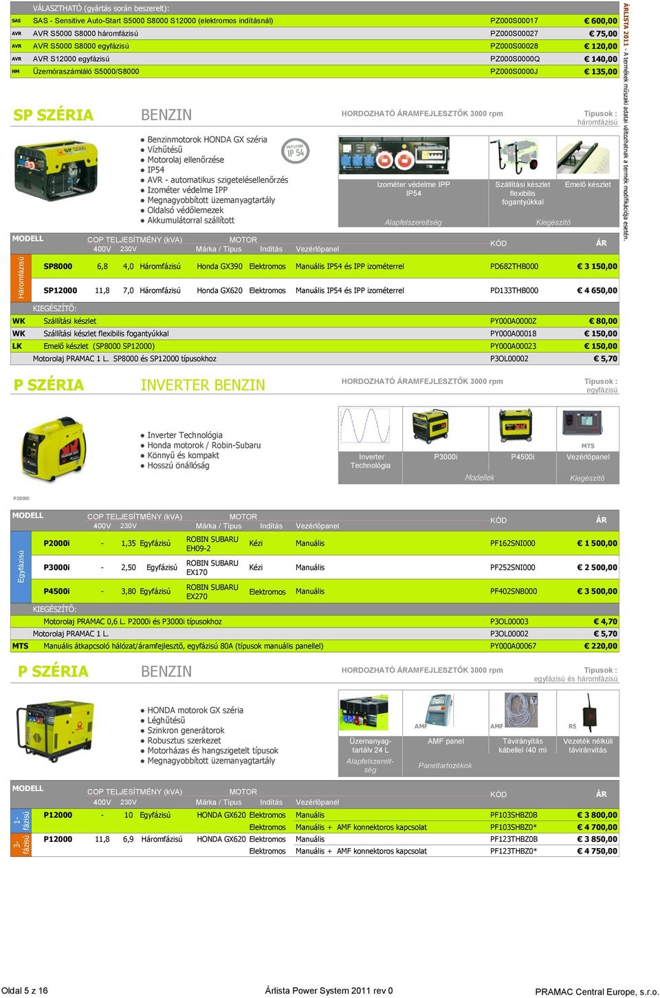 S8000 egyfázisú PZ000S00028 120,00 AVR AVR S12000 egyfázisú PZ000S0000Q 140,00 HM Üzemóraszámláló S5000/S8000 PZ000S0000J 135,00 SP SZÉRIA BENZIN HORDOZHATÓ AMFEJLESZTŐK 3000 rpm Típusok :