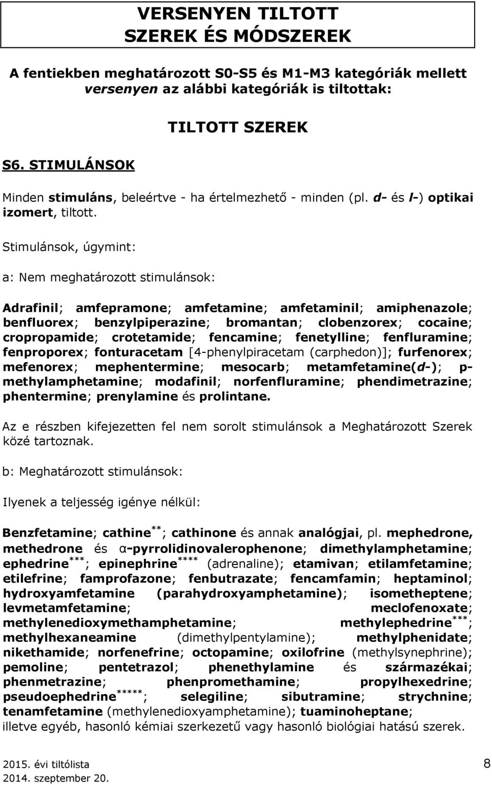 Stimulánsok, úgymint: a: Nem meghatározott stimulánsok: Adrafinil; amfepramone; amfetamine; amfetaminil; amiphenazole; benfluorex; benzylpiperazine; bromantan; clobenzorex; cocaine; cropropamide;