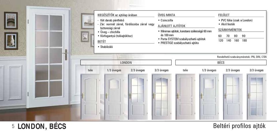 Stabilizáló PVC fólia (csak a London) Akril festék 60 70 80 90 120 140 160 180 LONDON Rendelhető szabványméretek: PN,