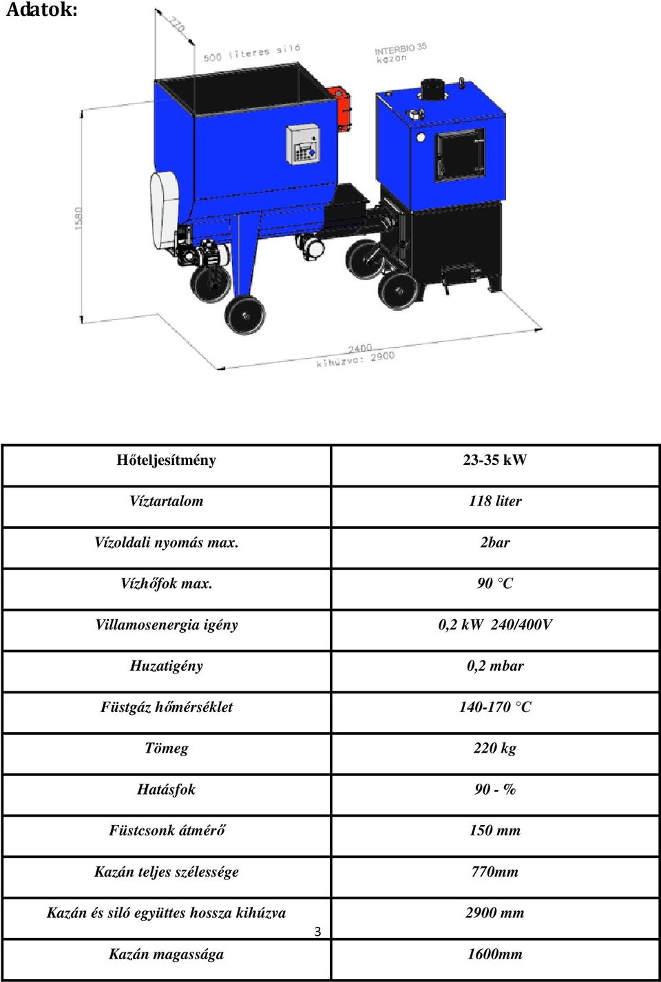 90 C Villamosenergia igény 0,2 kw 240/400V Huzatigény 0,2 mbar Füstgáz hőmérséklet