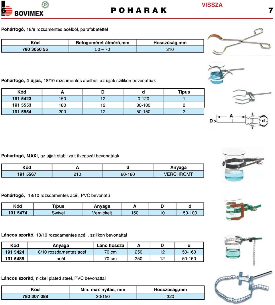 VERCHROMT Pohárfogó, 18/10 rozsdamentes acél, PVC bevonatú Típus Anyaga A D d 191 5474 Swivel Vernickelt 150 10 50-100 Láncos szorító, 18/10 rozsdamentes acél, szilikon bevonattal Anyaga Lánc