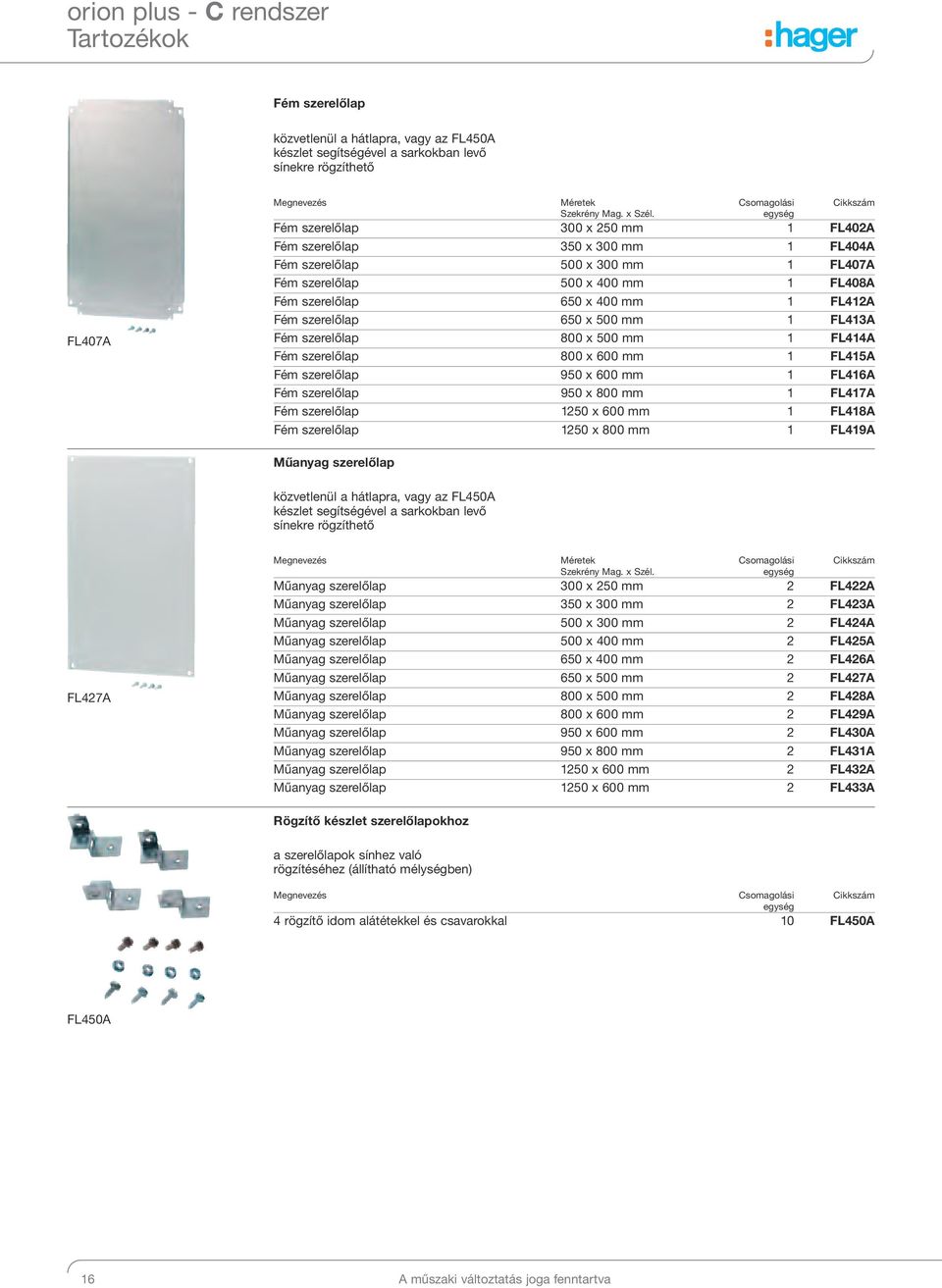 FL412A Fém szerelőlap 650 x 500 mm 1 FL413A Fém szerelőlap 800 x 500 mm 1 FL414A Fém szerelőlap 800 x 600 mm 1 FL415A Fém szerelőlap 950 x 600 mm 1 FL416A Fém szerelőlap 950 x 800 mm 1 FL417A Fém