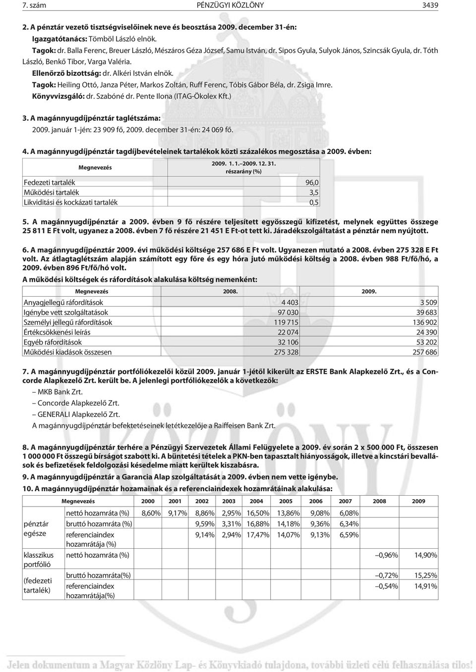 Alkéri István elnök. Tagok: Heiling Ottó, Janza Péter, Markos Zoltán, Ruff Ferenc, Tóbis Gábor Béla, dr. Zsiga Imre. Könyvvizsgáló: dr. Szabóné dr. Pente Ilona (ITAG-Ökolex Kft.) 3.