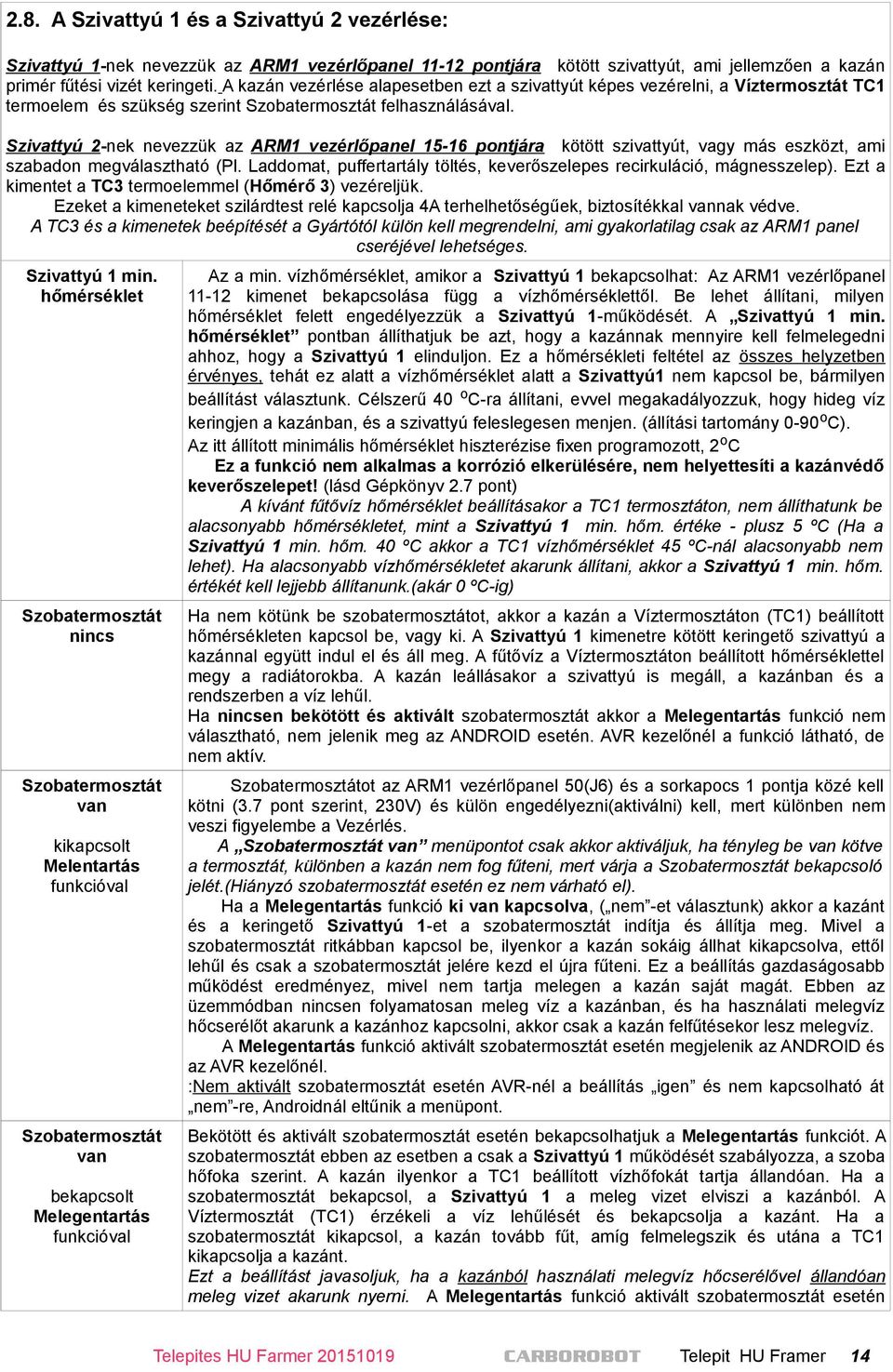 Szivattyú 2-nek nevezzük az ARM1 vezérlőpanel 15-16 pontjára kötött szivattyút, vagy más eszközt, ami szabadon megválasztható (Pl.