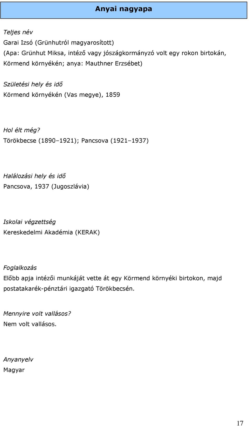 Törökbecse (1890 1921); Pancsova (1921 1937) Halálozási hely és idő Pancsova, 1937 (Jugoszlávia) Iskolai végzettség Kereskedelmi Akadémia (KERAK)