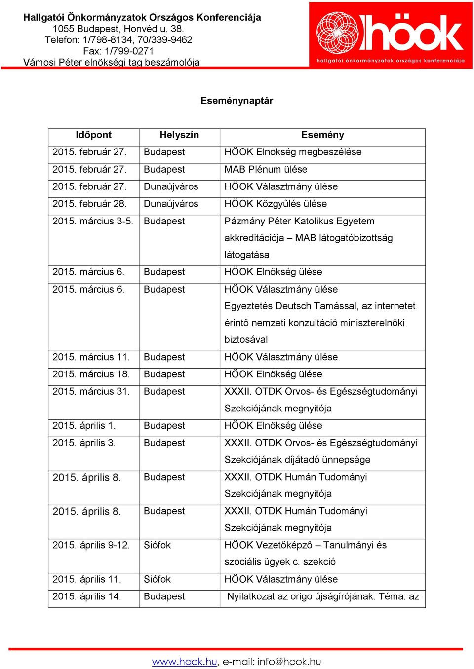 Budapest HÖOK Elnökség ülése 2015. március 6. Budapest HÖOK Választmány ülése Egyeztetés Deutsch Tamással, az internetet érintő nemzeti konzultáció miniszterelnöki biztosával 2015. március 11.