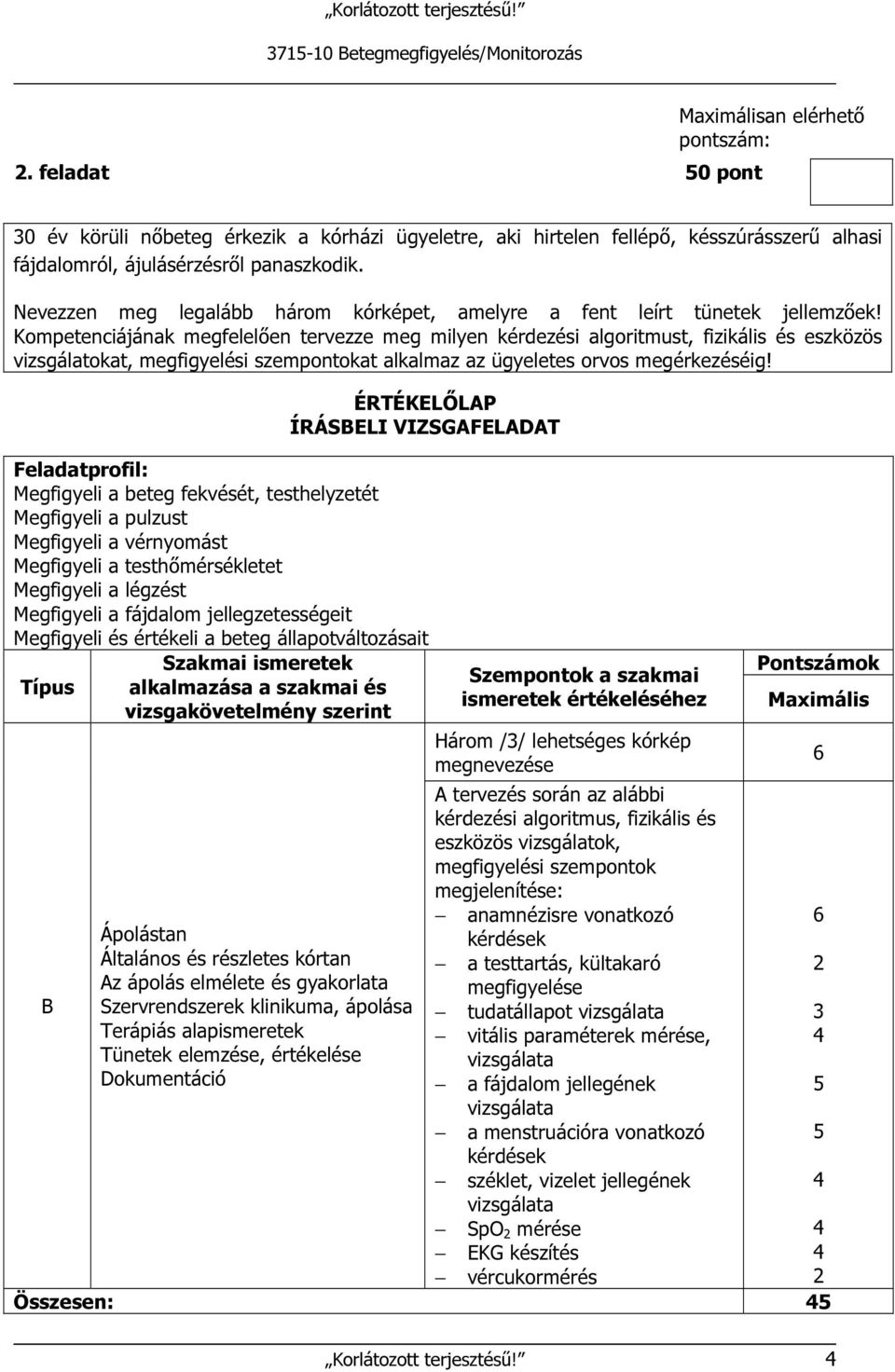 Kompetenciájának megfelelően tervezze meg milyen kérdezési algoritmust, fizikális és eszközös vizsgálatokat, megfigyelési szempontokat alkalmaz az ügyeletes orvos megérkezéséig!