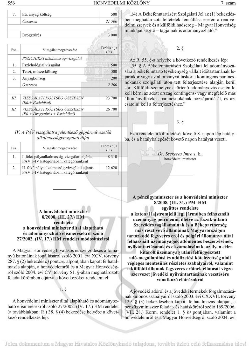 Magyar Honvédség munkáját segítõ tagjainak is adományozható. Fsz. Vizsgálat megnevezése PSZICHIKAI alkalmasság-vizsgálat Térítés díja (Ft) 1. Pszichológiai vizsgálat 1 500 2.