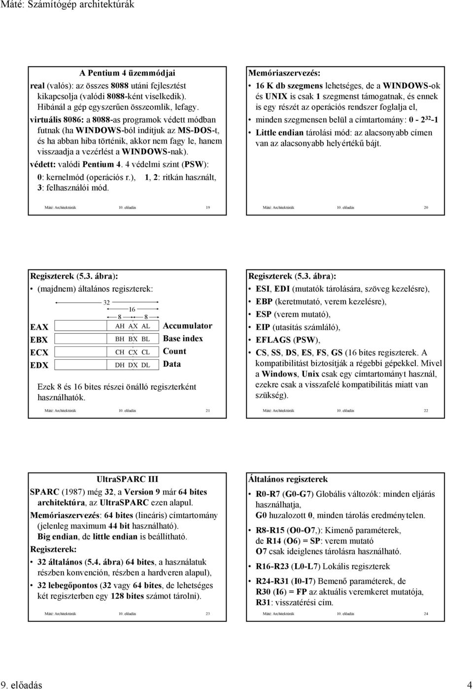 r), 1, : ritkán használt, 3: felhasználói mód Memóriaszervezés: K db szegmens lehetséges, de a WINDOWS-ok és UNIX is csak 1 szegmenst támogatnak, és ennek is egy részét az operációs rendszer foglalja