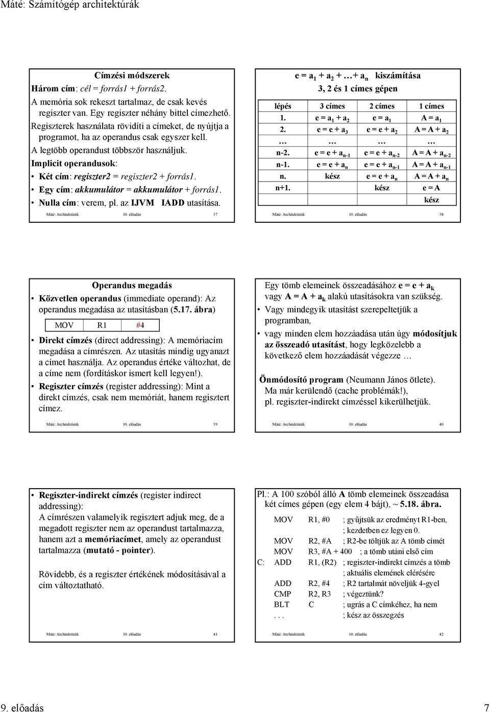forrás1 Nulla cím: verem, pl az IJVM IADD utasítása Máté: Architektúrák 1 előadás 37 e = a 1 + a + + a n kiszámítása 3, és 1 címes gépen lépés 3 címes címes 1 címes 1 e = a 1 + a e = a 1 A = a 1 e =