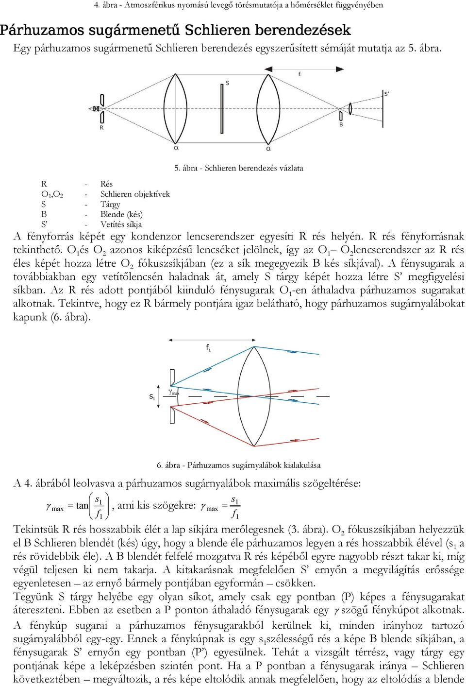 ábra. 5. ábra - Schlieren berendezés vázlata R - Rés O 1,O 2 - Schlieren objektívek S - Tárgy B - Blende (kés) S - Vetítés síkja A fényforrás képét egy kondenzor lencserendszer egyesíti R rés helyén.