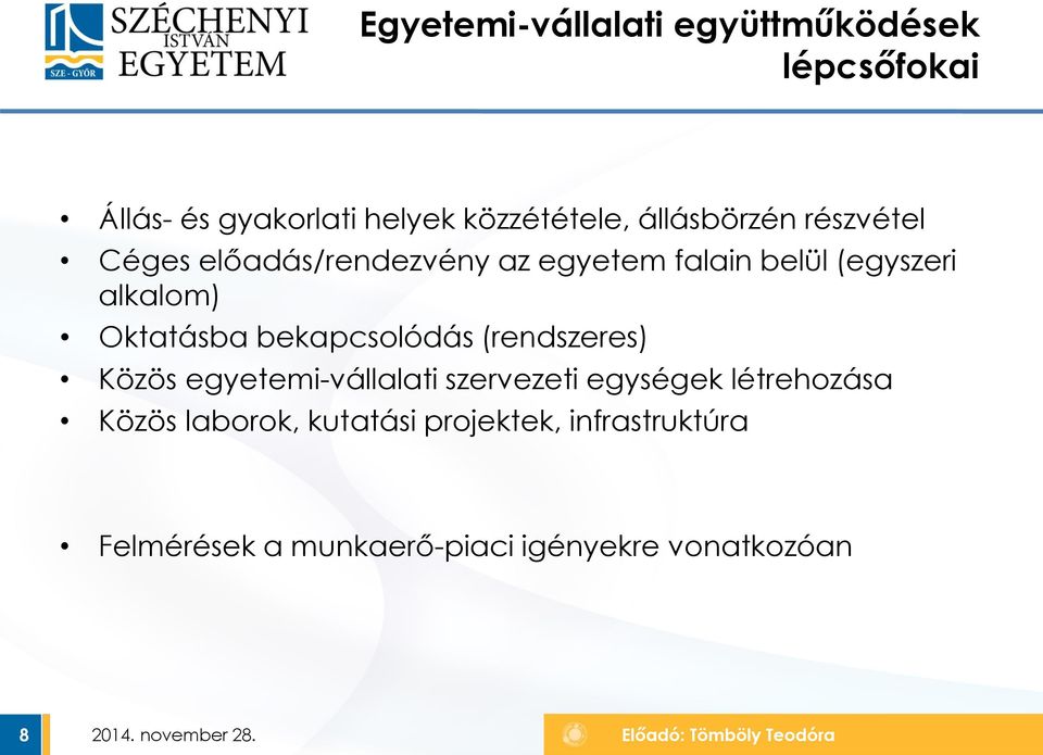 Oktatásba bekapcsolódás (rendszeres) Közös egyetemi-vállalati szervezeti egységek létrehozása