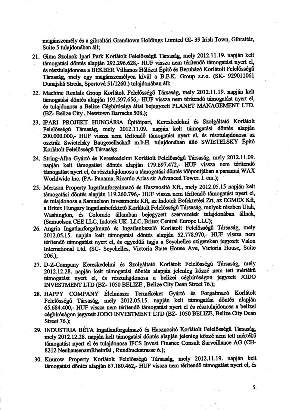 628,- HUF vissza nem térítendő támogatást nyert el, és résztulajdonosa a BEKBER Villamos Hálózat Építő és Beruházó Korlátolt Felelősségű Társaság, mely egy magánszemélyen kívül a B.E.K. Group s.r.o. (SK- 92901106 1 Dunajská Streda, Sportová 51/1260.