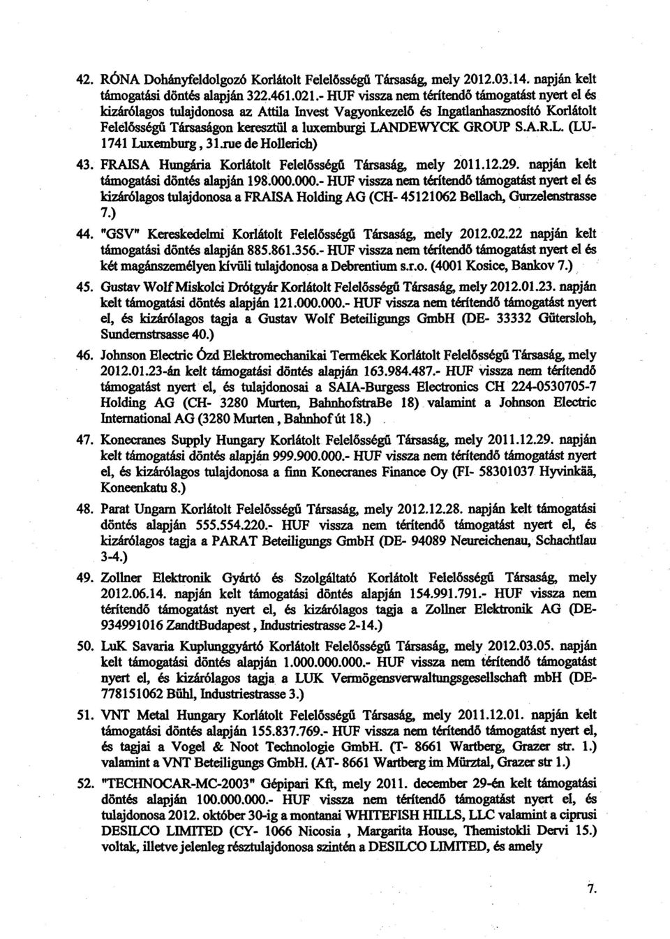 S.A.R.L. (LU- 1741 Luxemburg, 31.rue de Hollerich) 43. FRAISA Hungária Korlátolt Felelősségű Társaság, mely 2011.12.29. napján kelt támogatási döntés alapján 198.000.
