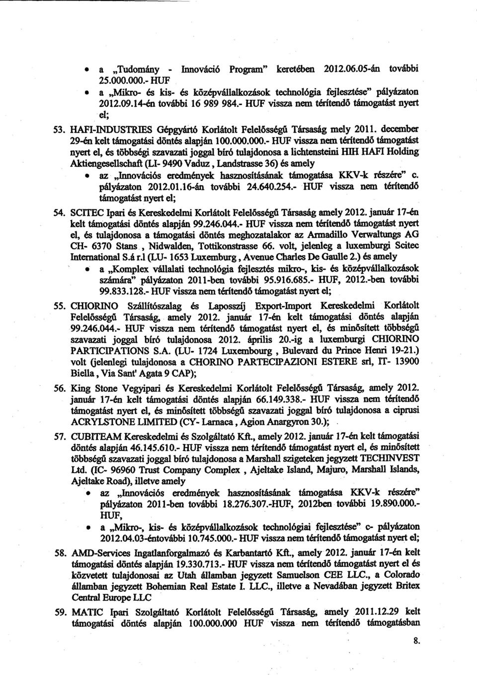 000.- HUF vissza nem térítendő támogatást nyert el, és többségi szavazati joggal bíró tulajdonosa a lichtensteini HIH HAFI Holdin g Aktiengesellschaft (LI- 9490 Vaduz, Landstrasse 36) és amely az