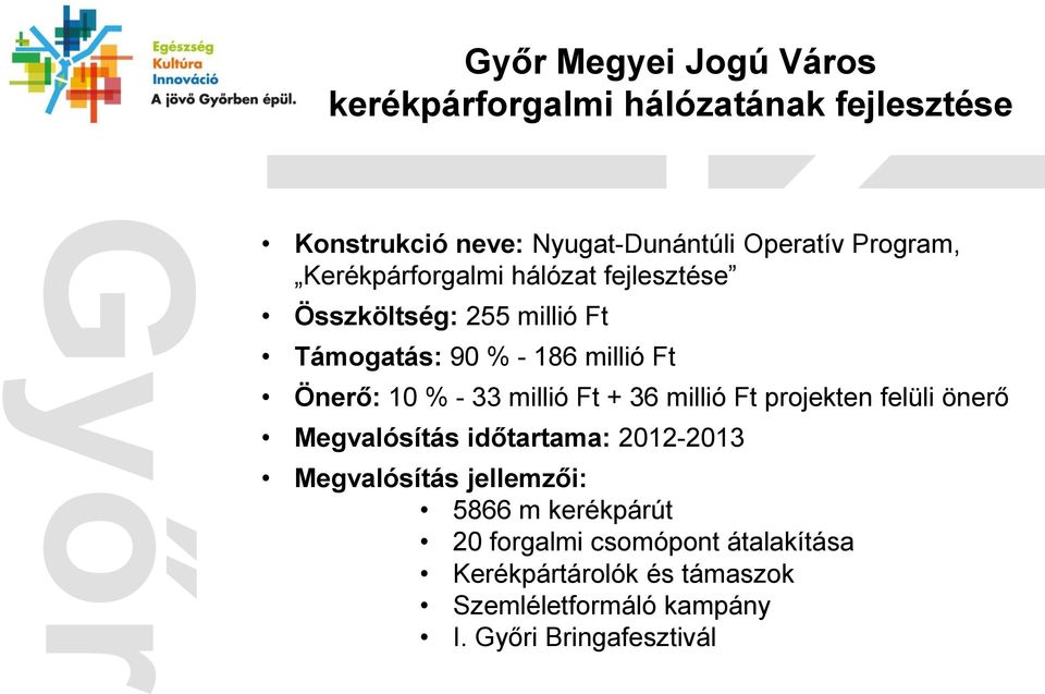 millió Ft + 36 millió Ft projekten felüli önerő Megvalósítás időtartama: 2012-2013 Megvalósítás jellemzői: 5866 m