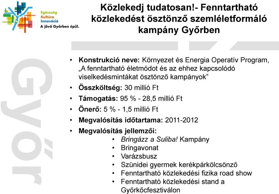 életmódot és az ehhez kapcsolódó viselkedésmintákat ösztönző kampányok Összköltség: 30 millió Ft Támogatás: 95 % - 28,5 millió Ft Önerő: