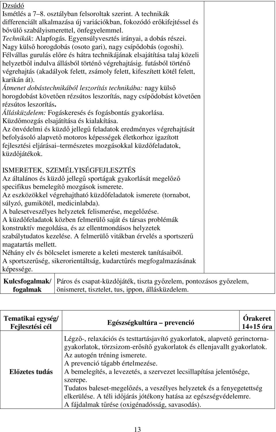 Félvállas gurulás előre és hátra technikájának elsajátítása talaj közeli helyzetből indulva állásból történő végrehajtásig.