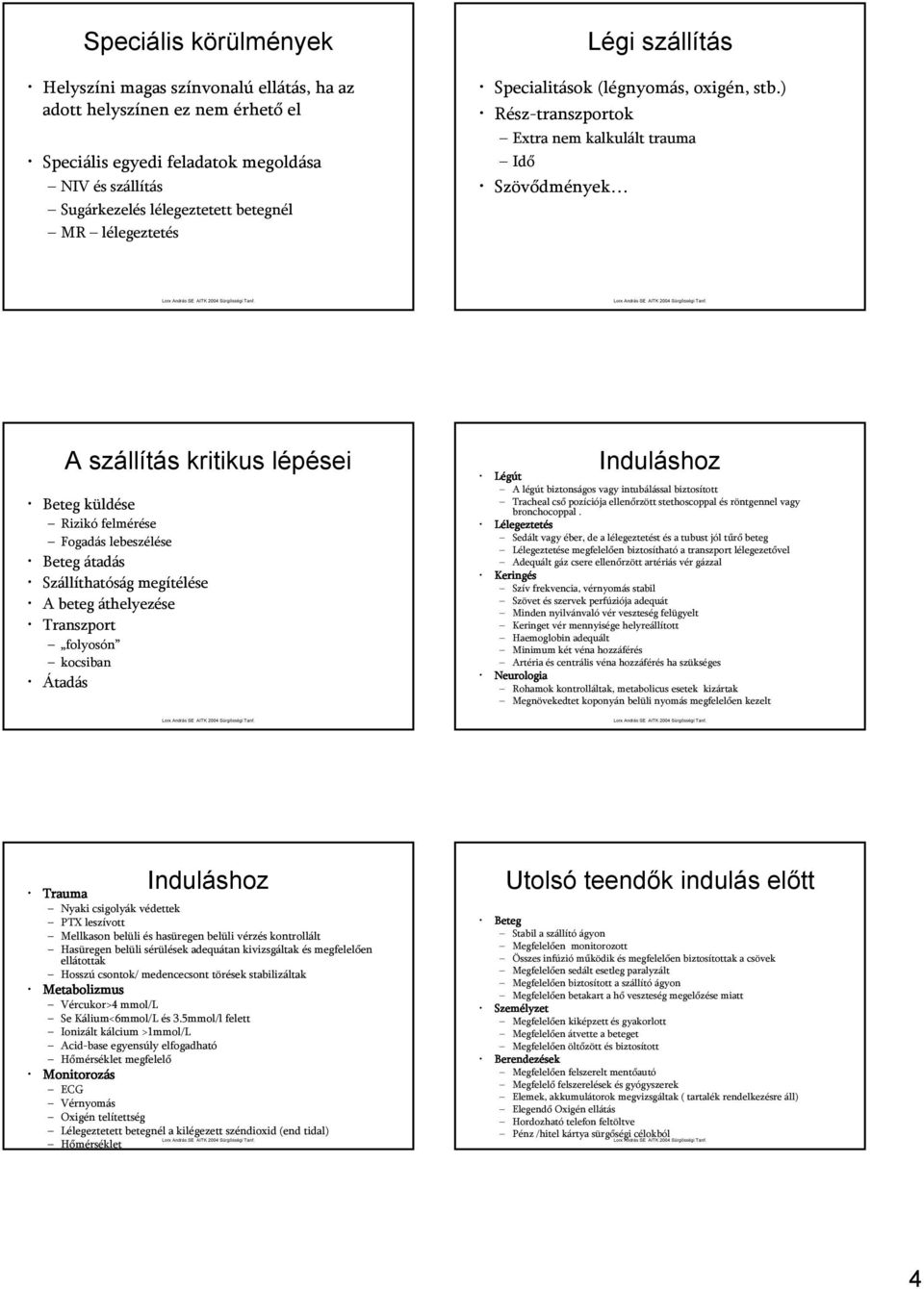 ) Rész-transzportok Extra nemkalkulálttrauma Idő Szövődmények A szállítás kritikus lépései Beteg küldése Rizikó felmérése Fogadás lebeszélése Beteg átadás Szállíthatóság megítélése A beteg