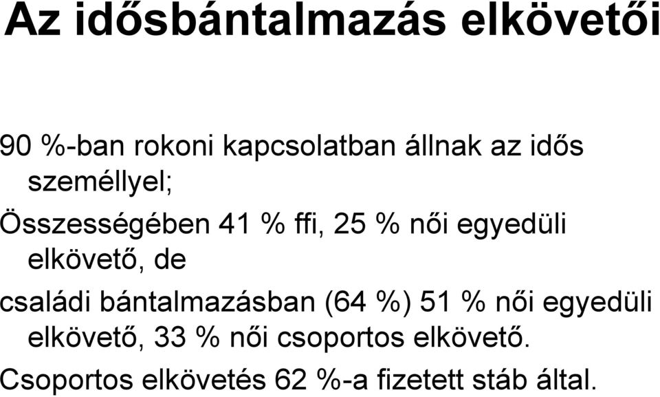 de családi bántalmazásban (64 %) 51 % női egyedüli elkövető, 33 %