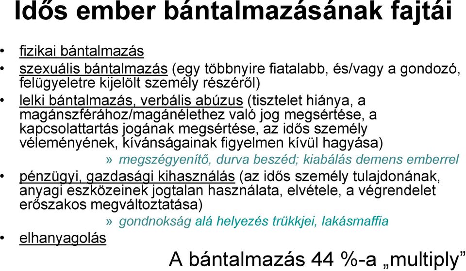 kívánságainak figyelmen kívül hagyása)» megszégyenítő, durva beszéd; kiabálás demens emberrel pénzügyi, gazdasági kihasználás (az idős személy tulajdonának, anyagi