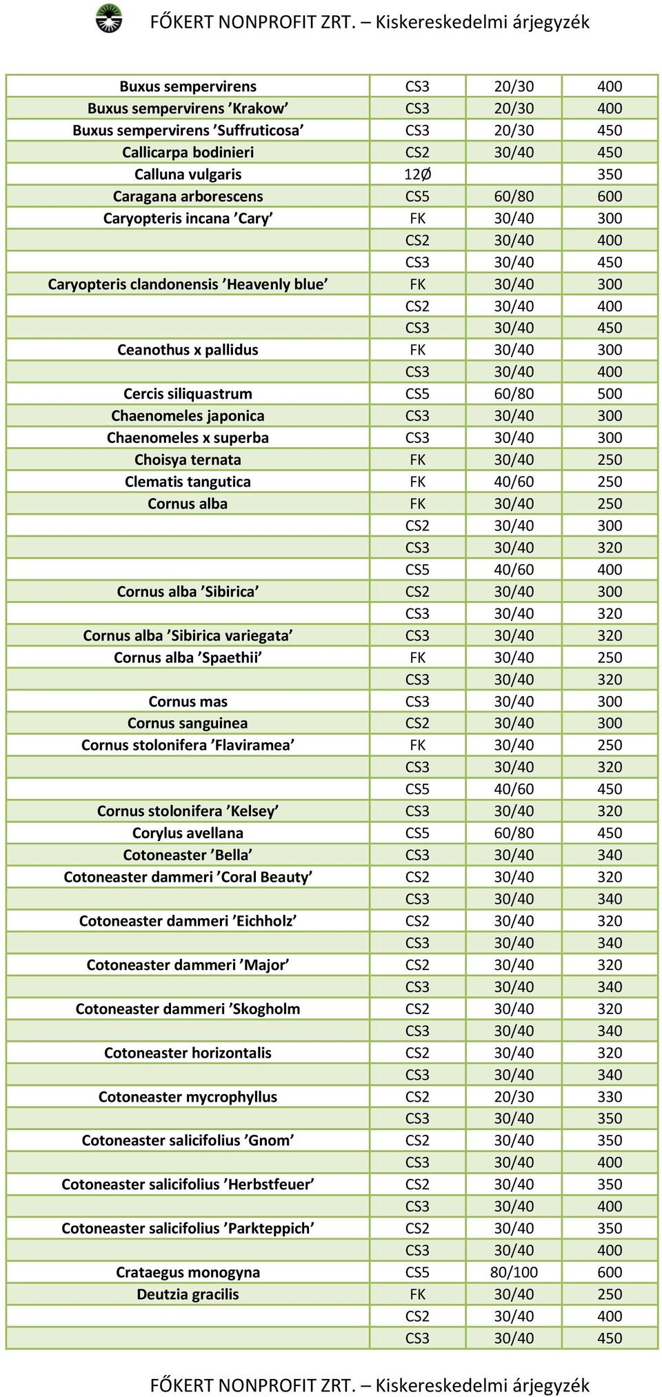 Chaenomeles x superba CS3 30/40 300 Choisya ternata FK 30/40 250 Clematis tangutica FK 40/60 250 Cornus alba FK 30/40 250 CS2 30/40 300 CS5 40/60 400 Cornus alba Sibirica CS2 30/40 300 Cornus alba