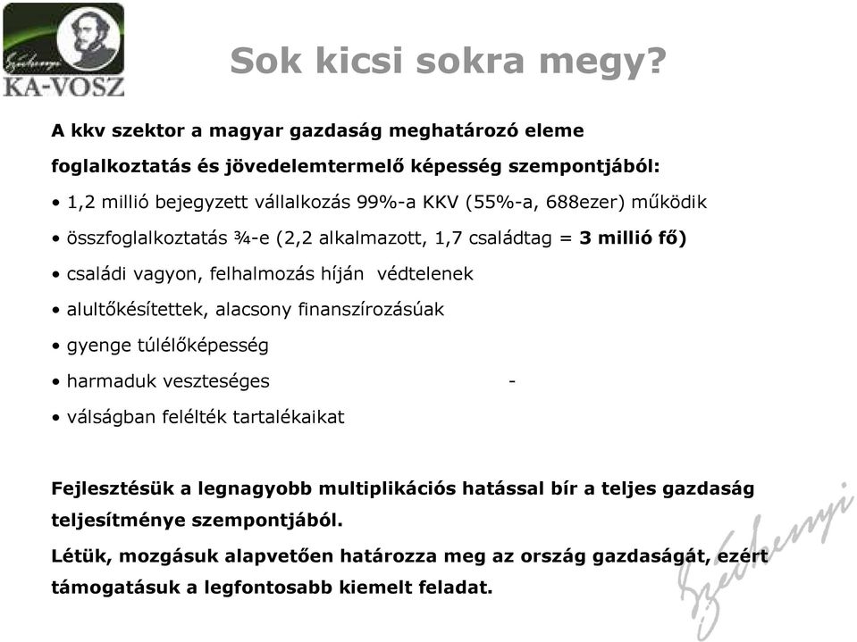 688ezer) működik összfoglalkoztatás ¾-e (2,2 alkalmazott, 1,7 családtag = 3 millió fő) családi vagyon, felhalmozás híján védtelenek alultőkésítettek, alacsony