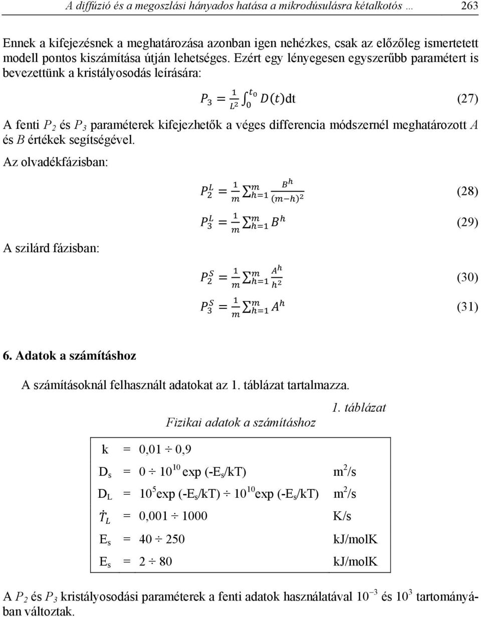 Ezért egy lényegesen egyszerűbb paramétert is bevezettünk a kristályosodás leírására: dt (27) A fenti P 2 és P 3 paraméterek kifejezhetők a véges differencia módszernél meghatározott A és B értékek