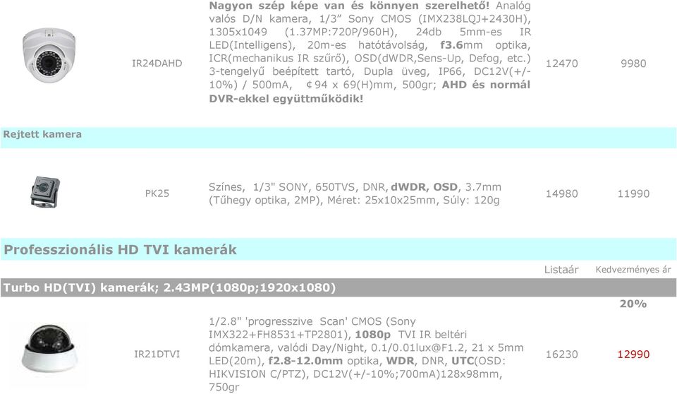 12470 9980 Rejtett kamera PK25 Színes, 1/3" SONY, 650TVS, DNR, dwdr, OSD, 3.7mm (Tűhegy optika, 2MP), Méret: 25x10x25mm, Súly: 120g 14980 11990 Professzionális HD TVI kamerák Turbo HD(TVI) kamerák; 2.