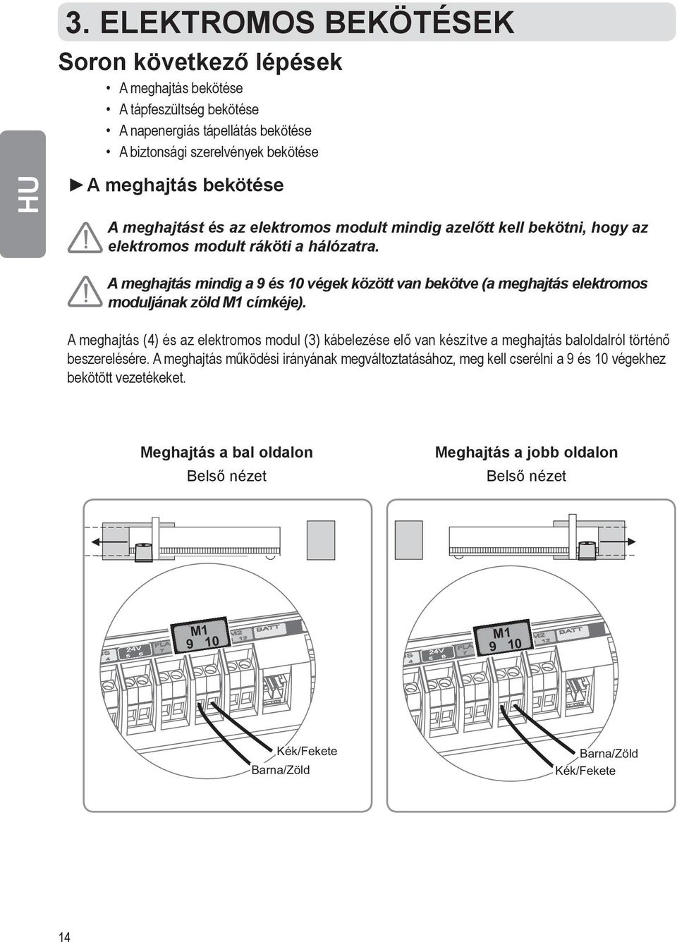 A meghajtás mindig a 9 és 10 végek között van bekötve (a meghajtás elektromos moduljának zöld M1 címkéje).