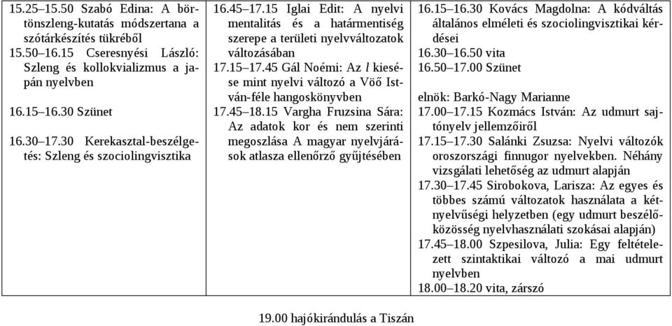 45 Gál Noémi: Az l kiesése mint nyelvi változó a Vöő István-féle hangoskönyvben 17.45 18.