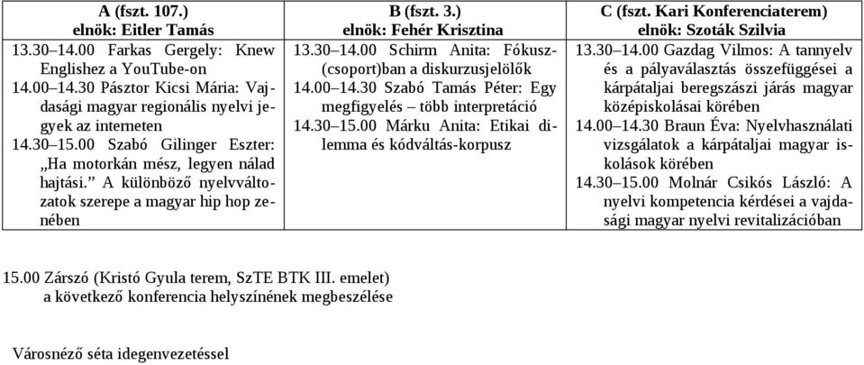 00 Schirm Anita: Fókusz- (csoport)ban a diskurzusjelölők 14.00 14.30 Szabó Tamás Péter: Egy megfigyelés több interpretáció 14.30 15.