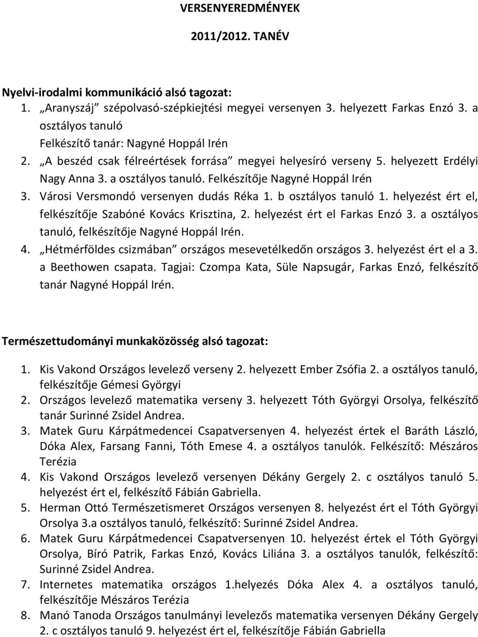 VERSENYEREDMÉNYEK 2011/2012. TANÉV - PDF Ingyenes letöltés