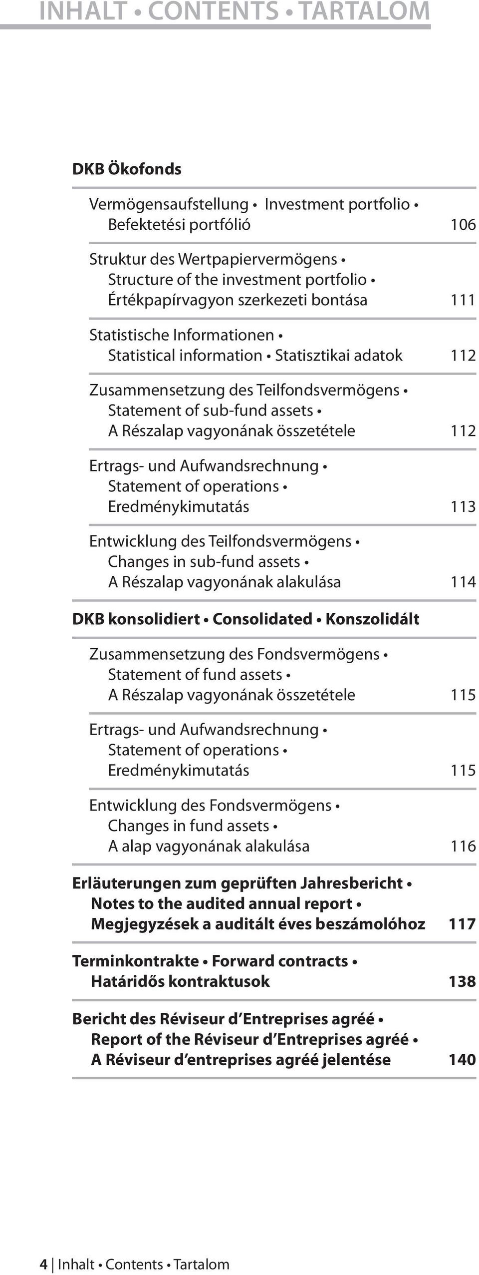 112 Ertrags- und Aufwandsrechnung Statement of operations Eredménykimutatás 113 Entwicklung des Teilfondsvermögens Changes in sub-fund assets A Részalap vagyonának alakulása 114 DKB konsolidiert