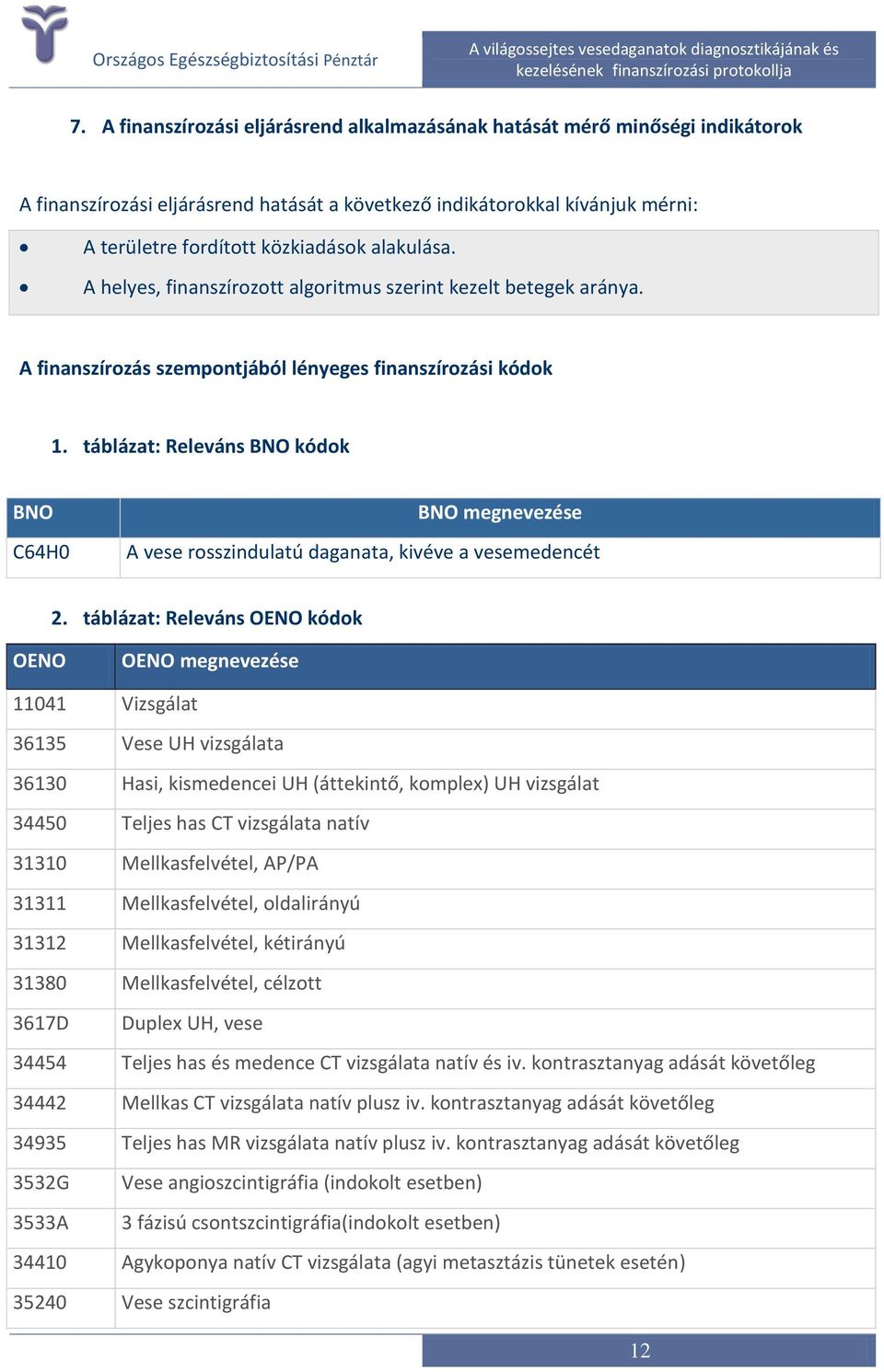 táblázat: Releváns BNO kódok BNO C64H0 BNO megnevezése A vese rosszindulatú daganata, kivéve a vesemedencét 2.