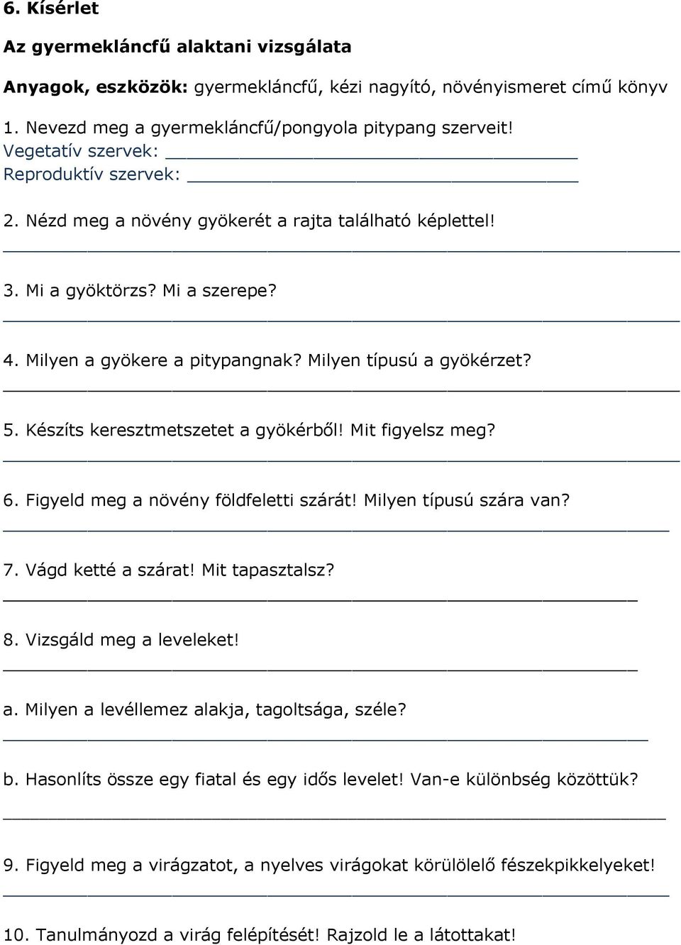 Készíts keresztmetszetet a gyökérből! Mit figyelsz meg? 6. Figyeld meg a növény földfeletti szárát! Milyen típusú szára van? 7. Vágd ketté a szárat! Mit tapasztalsz? 8. Vizsgáld meg a leveleket! a. Milyen a levéllemez alakja, tagoltsága, széle?